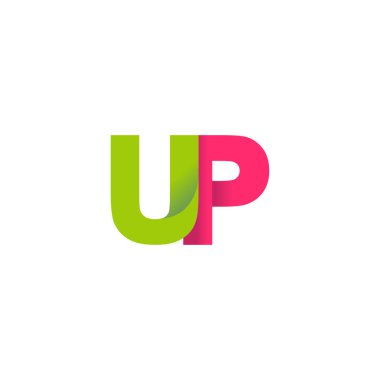 Initial letters UP, overlapping fold logo, green magenta pink, vector template elements for creative industry