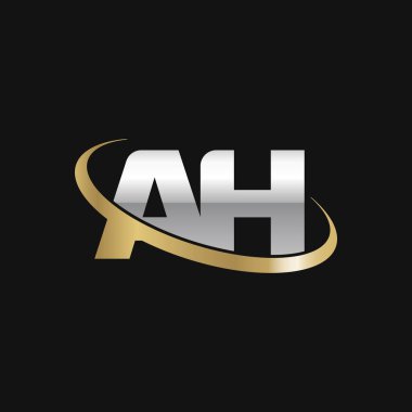 Initial letters AH, swoosh orbit ring logo, silver gold on black background, vector template elements for business, company, creative industry