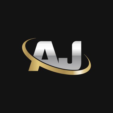 Initial letters AJ, swoosh orbit ring logo, silver gold on black background, vector template elements for business, company, creative industry