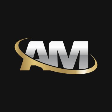 Initial letters AM, swoosh orbit ring logo, silver gold on black background, vector template elements for business, company, creative industry