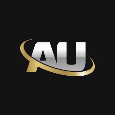 Initial letters AU, swoosh orbit ring logo, silver gold on black background, vector template elements for business, company, creative industry
