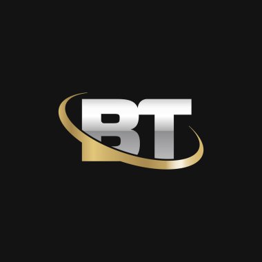 Initial letters BT, swoosh orbit ring logo, silver gold on black background, vector template elements for business, company, creative industry
