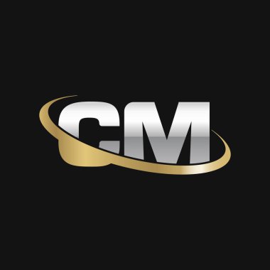 Initial letters CM, swoosh orbit ring logo, silver gold on black background, vector template elements for business, company, creative industry