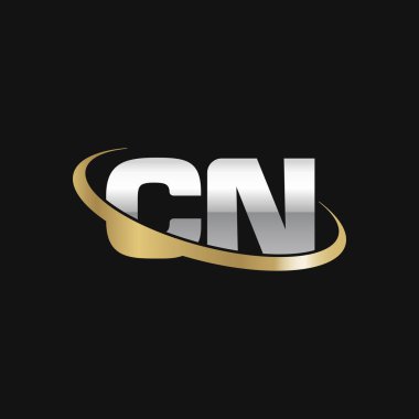 Initial letters CN, swoosh orbit ring logo, silver gold on black background, vector template elements for business, company, creative industry
