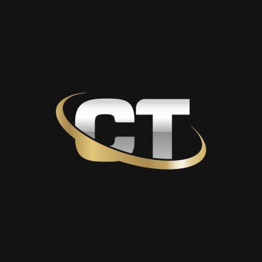Initial letters CT, swoosh orbit ring logo, silver gold on black background, vector template elements for business, company, creative industry