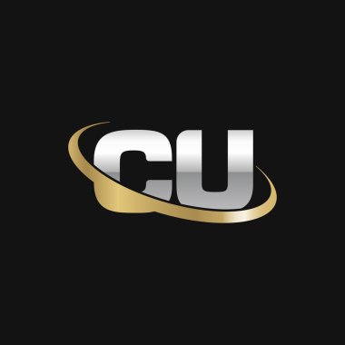 Initial letters CU, swoosh orbit ring logo, silver gold on black background, vector template elements for business, company, creative industry