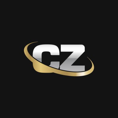 Initial letters CZ, swoosh orbit ring logo, silver gold on black background, vector template elements for business, company, creative industry