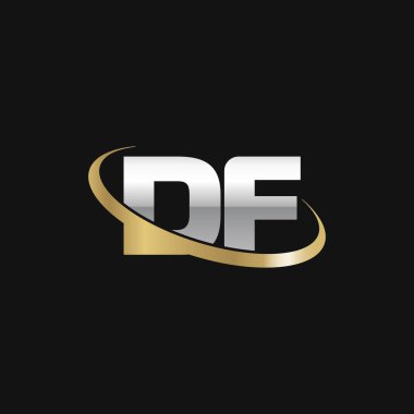 Initial letters DF, swoosh orbit ring logo, silver gold on black background, vector template elements for business, company, creative industry