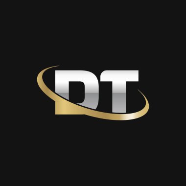 Initial letters DT, swoosh orbit ring logo, silver gold on black background, vector template elements for business, company, creative industry