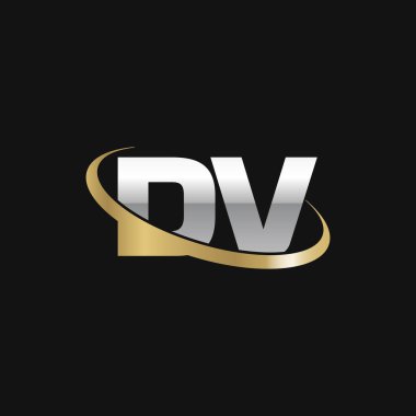 Initial letters DV, swoosh orbit ring logo, silver gold on black background, vector template elements for business, company, creative industry