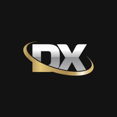 Initial letters DX, swoosh orbit ring logo, silver gold on black background, vector template elements for business, company, creative industry
