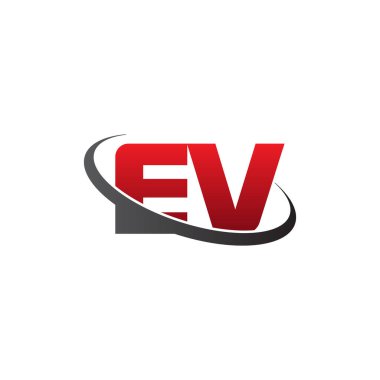 Initial letters EV, swoosh orbit ring logo, red gray black, vector template elements for business, company, creative industry