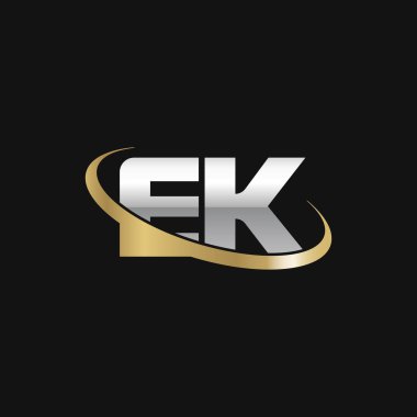 Initial letters EK, swoosh orbit ring logo, silver gold on black background, vector template elements for business, company, creative industry