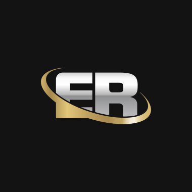 Initial letters ER, swoosh orbit ring logo, silver gold on black background, vector template elements for business, company, creative industry
