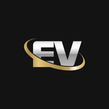 Initial letters EV, swoosh orbit ring logo, silver gold on black background, vector template elements for business, company, creative industry