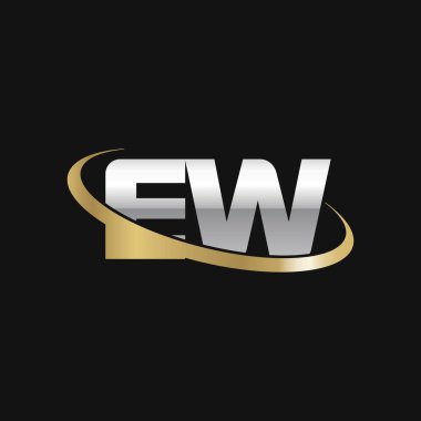 Initial letters EW, swoosh orbit ring logo, silver gold on black background, vector template elements for business, company, creative industry
