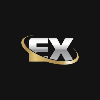 Initial letters EX, swoosh orbit ring logo, silver gold on black background, vector template elements for business, company, creative industry