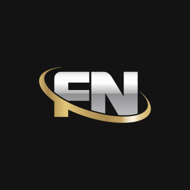 Initial letters FN, swoosh orbit ring logo, silver gold on black background, vector template elements for business, company, creative industry