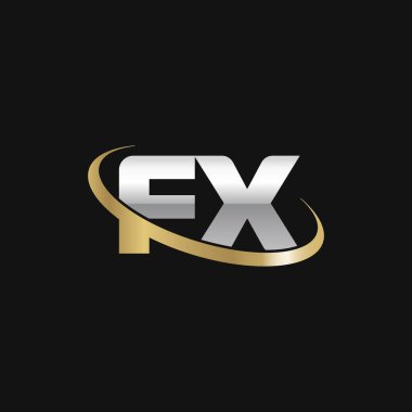 Initial letters FX, swoosh orbit ring logo, silver gold on black background, vector template elements for business, company, creative industry