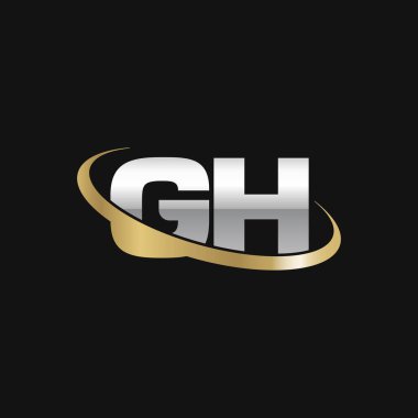 Initial letters GH, swoosh orbit ring logo, silver gold on black background, vector template elements for business, company, creative industry