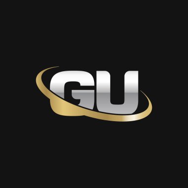 Initial letters GU, swoosh orbit ring logo, silver gold on black background, vector template elements for business, company, creative industry