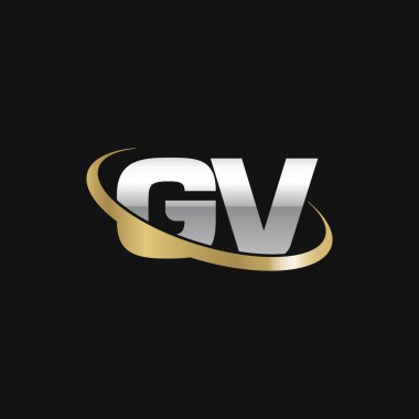 Initial letters GV, swoosh orbit ring logo, silver gold on black background, vector template elements for business, company, creative industry