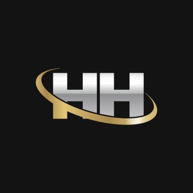 Initial letters HH, swoosh orbit ring logo, silver gold on black background, vector template elements for business, company, creative industry