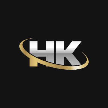 Initial letters HK, swoosh orbit ring logo, silver gold on black background, vector template elements for business, company, creative industry