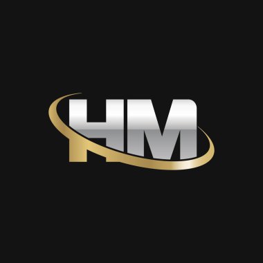 Initial letters HM, swoosh orbit ring logo, silver gold on black background, vector template elements for business, company, creative industry