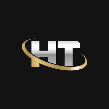 Initial letters HT, swoosh orbit ring logo, silver gold on black background, vector template elements for business, company, creative industry