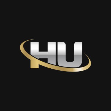 Initial letters HU, swoosh orbit ring logo, silver gold on black background, vector template elements for business, company, creative industry