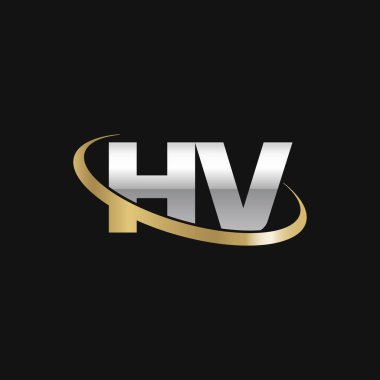 Initial letters HV, swoosh orbit ring logo, silver gold on black background, vector template elements for business, company, creative industry