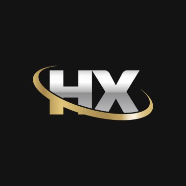 Initial letters HX, swoosh orbit ring logo, silver gold on black background, vector template elements for business, company, creative industry