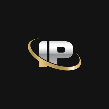 Initial letters IP, swoosh orbit ring logo, silver gold on black background, vector template elements for business, company, creative industry