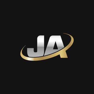 Initial letters JA, swoosh orbit ring logo, silver gold on black background, vector template elements for business, company, creative industry