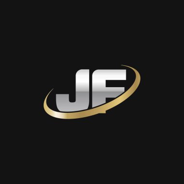 Initial letters JF, swoosh orbit ring logo, silver gold on black background, vector template elements for business, company, creative industry