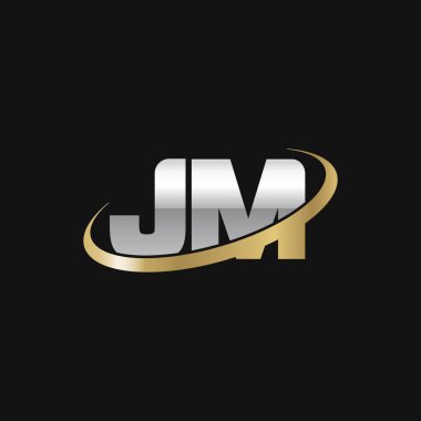 Initial letters JM, swoosh orbit ring logo, silver gold on black background, vector template elements for business, company, creative industry