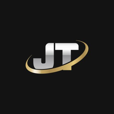 Initial letters JT, swoosh orbit ring logo, silver gold on black background, vector template elements for business, company, creative industry