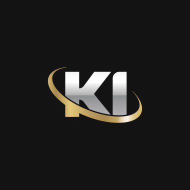 Initial letters KI, swoosh orbit ring logo, silver gold on black background, vector template elements for business, company, creative industry