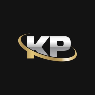 Initial letters KP, swoosh orbit ring logo, silver gold on black background, vector template elements for business, company, creative industry
