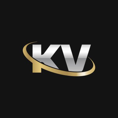 Initial letters KV, swoosh orbit ring logo, silver gold on black background, vector template elements for business, company, creative industry