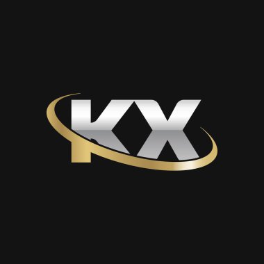 Initial letters KX, swoosh orbit ring logo, silver gold on black background, vector template elements for business, company, creative industry