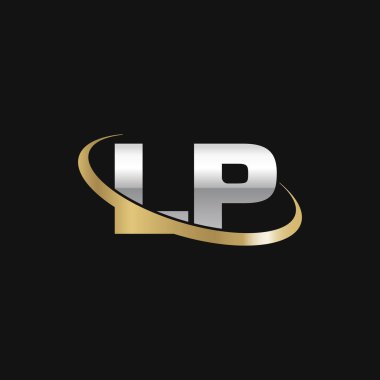Initial letters LP, swoosh orbit ring logo, silver gold on black background, vector template elements for business, company, creative industry