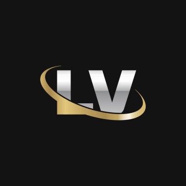 Initial letters LV, swoosh orbit ring logo, silver gold on black background, vector template elements for business, company, creative industry