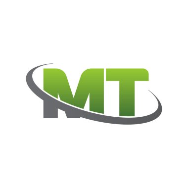 Initial letters MT, swoosh orbit ring logo, green gray silver, vector template elements for business, company, creative industry