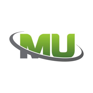 Initial letters MU, swoosh orbit ring logo, green gray silver, vector template elements for business, company, creative industry