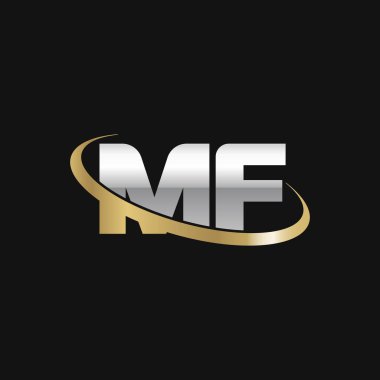 Initial letters MF, swoosh orbit ring logo, silver gold on black background, vector template elements for business, company, creative industry