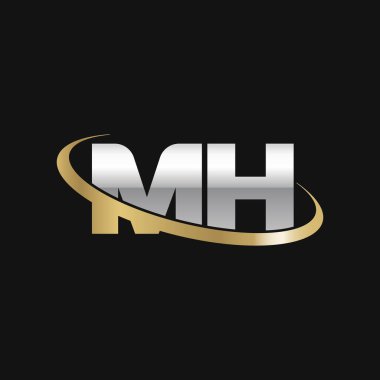 Initial letters MH, swoosh orbit ring logo, silver gold on black background, vector template elements for business, company, creative industry