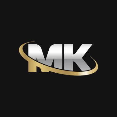 Initial letters MK, swoosh orbit ring logo, silver gold on black background, vector template elements for business, company, creative industry