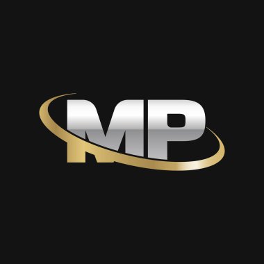 Initial letters MP, swoosh orbit ring logo, silver gold on black background, vector template elements for business, company, creative industry
